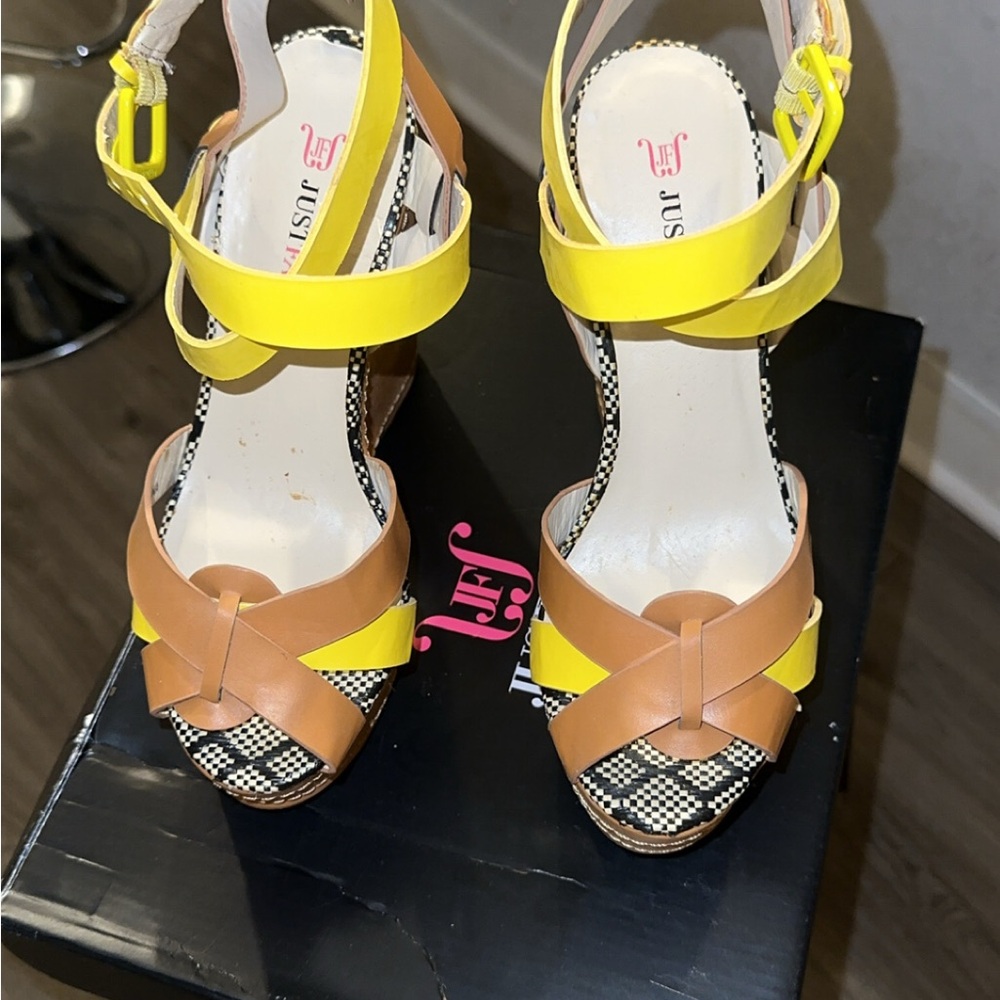 JustFab Yellow and Tan Wedge Sandals